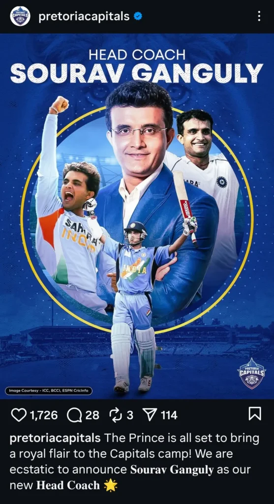 Sourav Ganguly Joins Pretoria Capitals as Head Coach