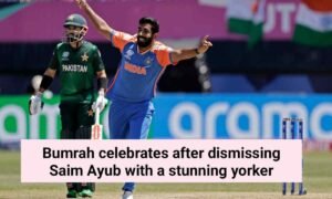 ICC T20 World Cup 2026: Jasprit Bumrah’s Match-Turning Yorker Gives India Control vs PAK Bumrah celebrates after dismissing Saim Ayub with a stunning yorker.